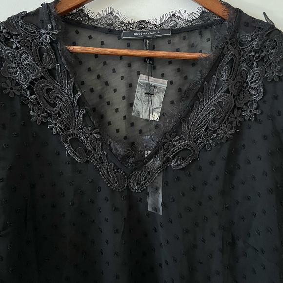 BCBGMaxAzria Swiss Dot Sheer Lace Detail Blouse In Black Size XL - Picture 6 of 15